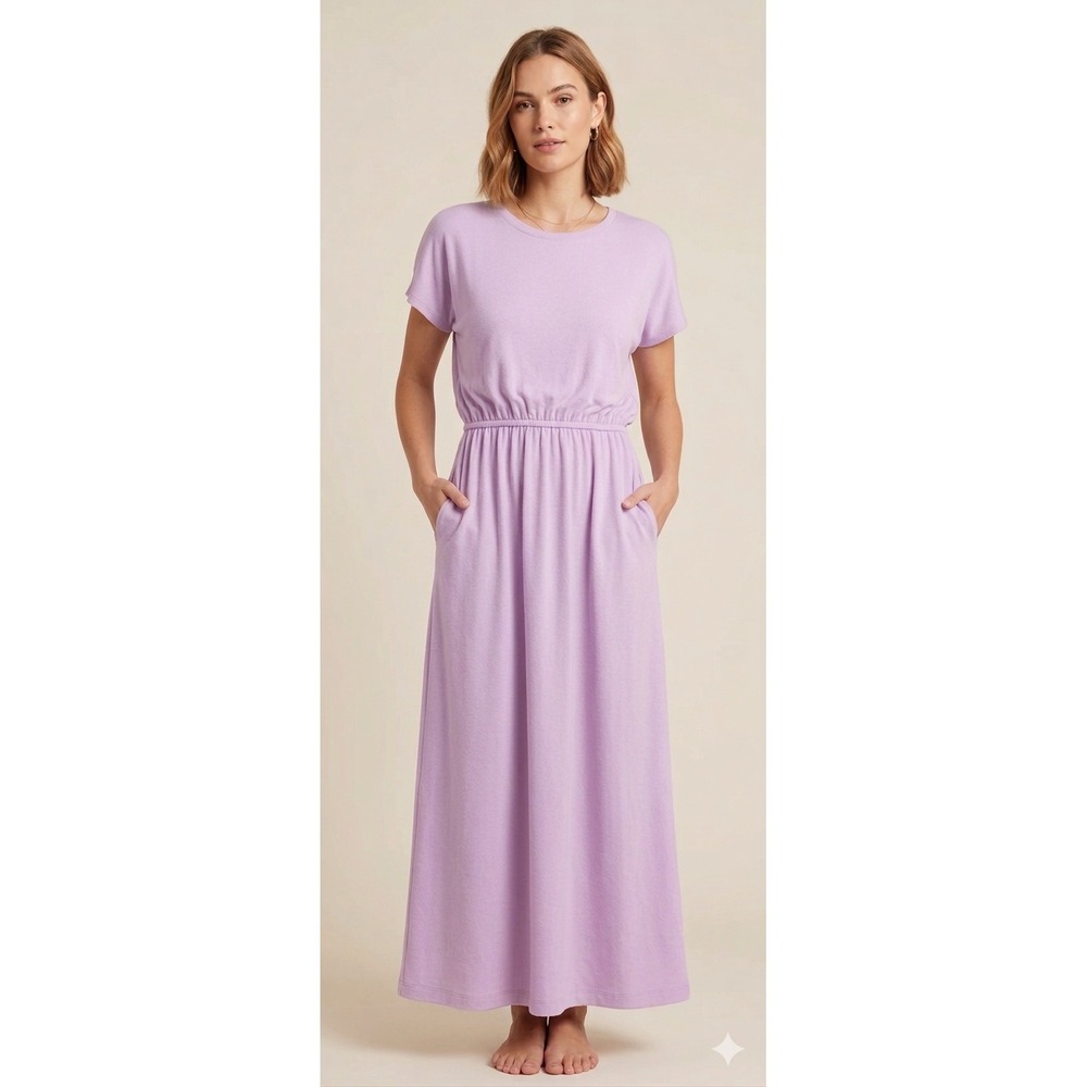 wool& Sierra Maxi Dress Womens M Orchid Merino Wool Blend Short Sleeve Pockets